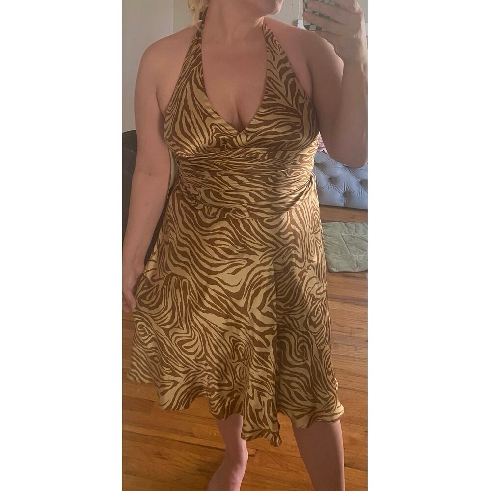 NWT Jones New York 100% silk ruched waist halter brown dress animal print sz 12